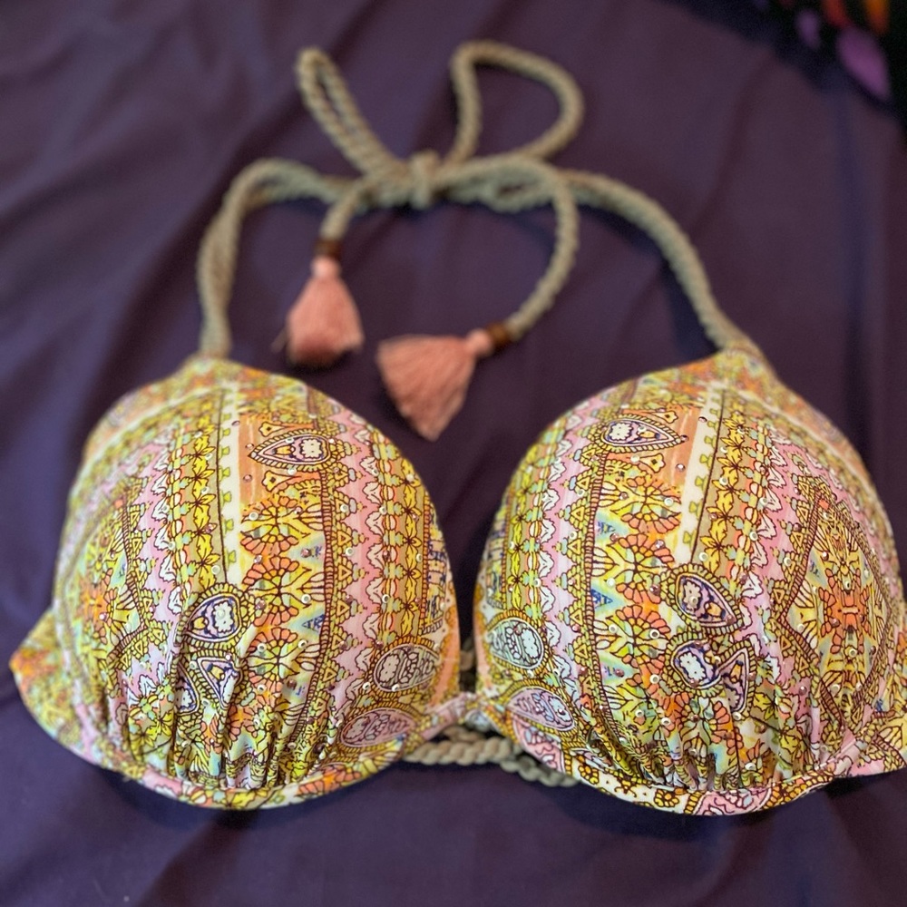EUC VS Sequin Print Swim Top with Tassels 34D